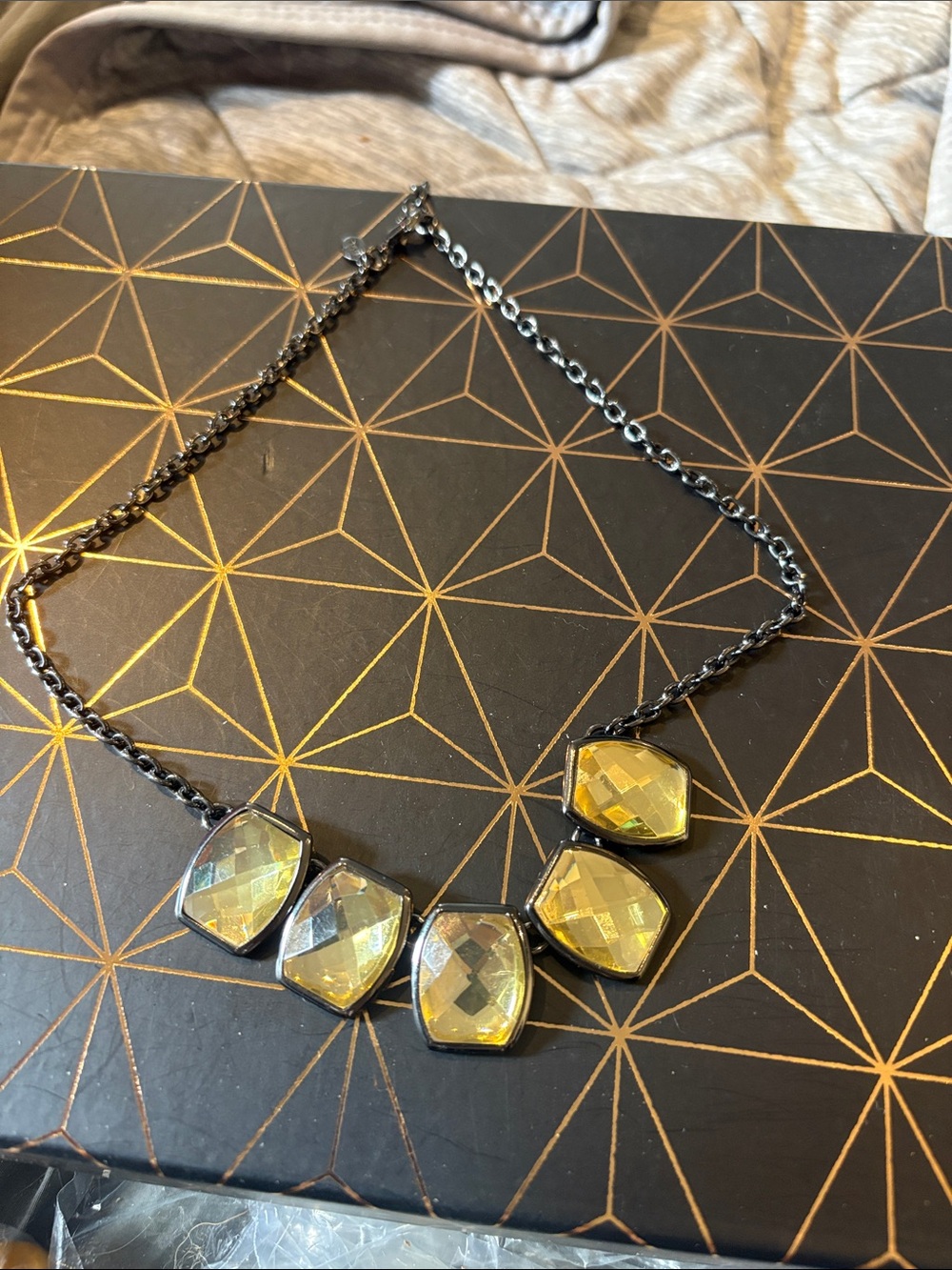 Faceted Yellow Statement Necklace on Black Chain with earrings